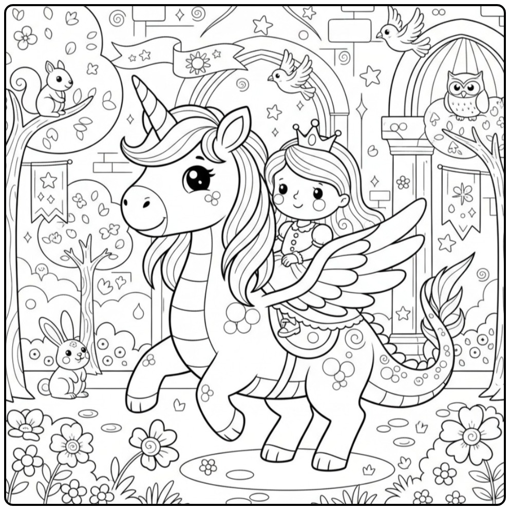 Adorable Coloriage dragon licorne et princesse à imprimer.