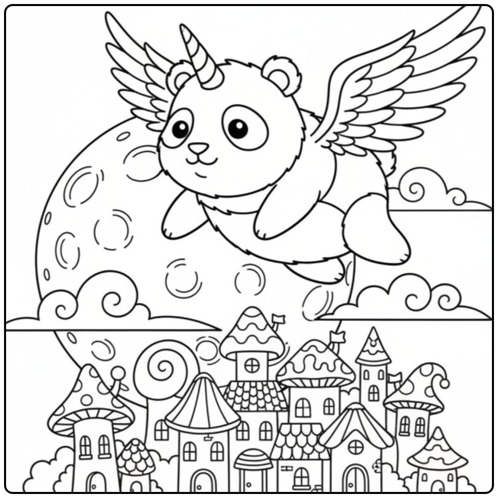 Un mignon coloriage panda licorne volant au dessus d'un village.