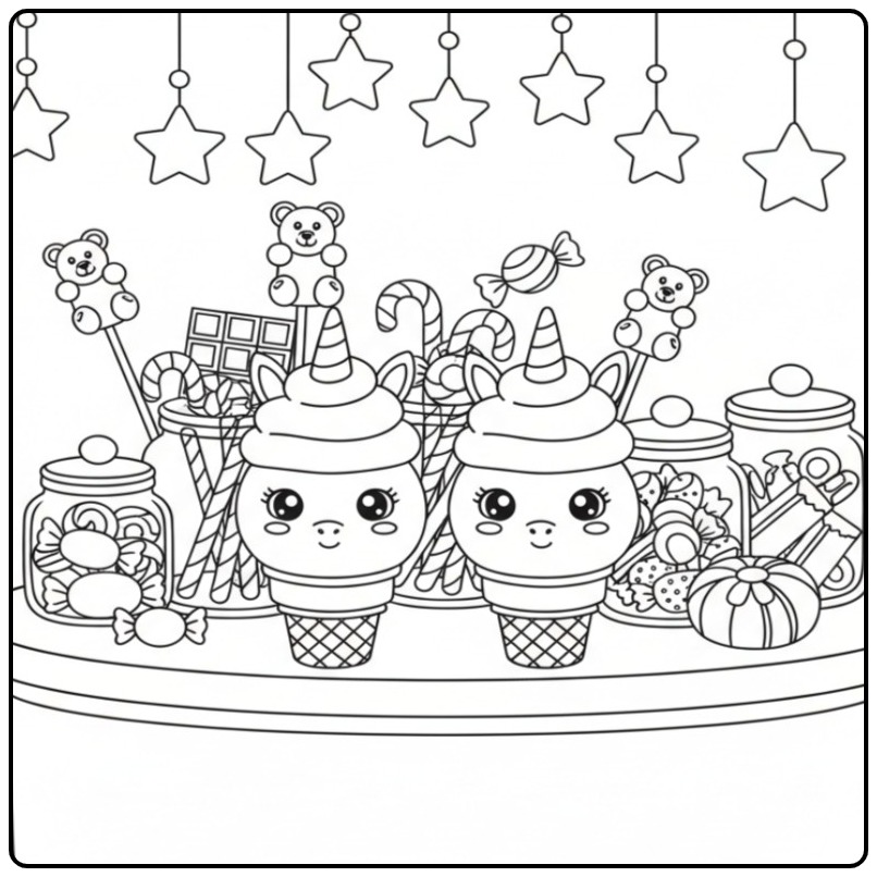 Un monde sucré à imprimer, Coloriage glace licorne gourmandise & bonbons.