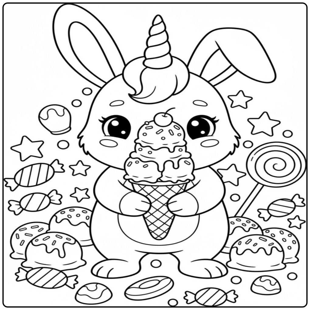Coloriage lapin licorne et bonbons avec une grosse glace.