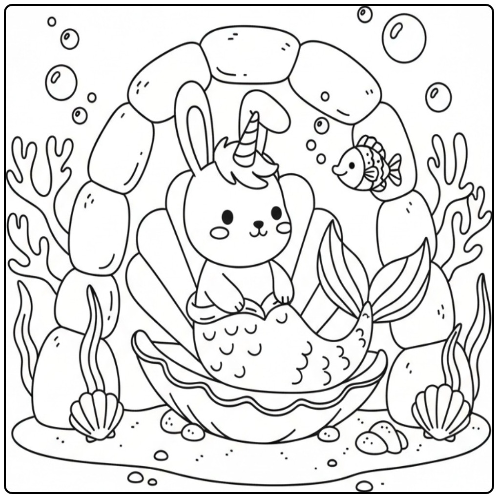 Adorable Coloriage lapin licorne sirène dans son coquillage.