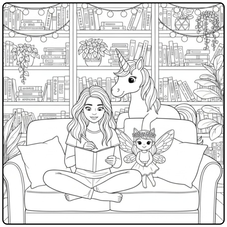 Jeune fille et amis dans un salon, coloriage fée licorne.