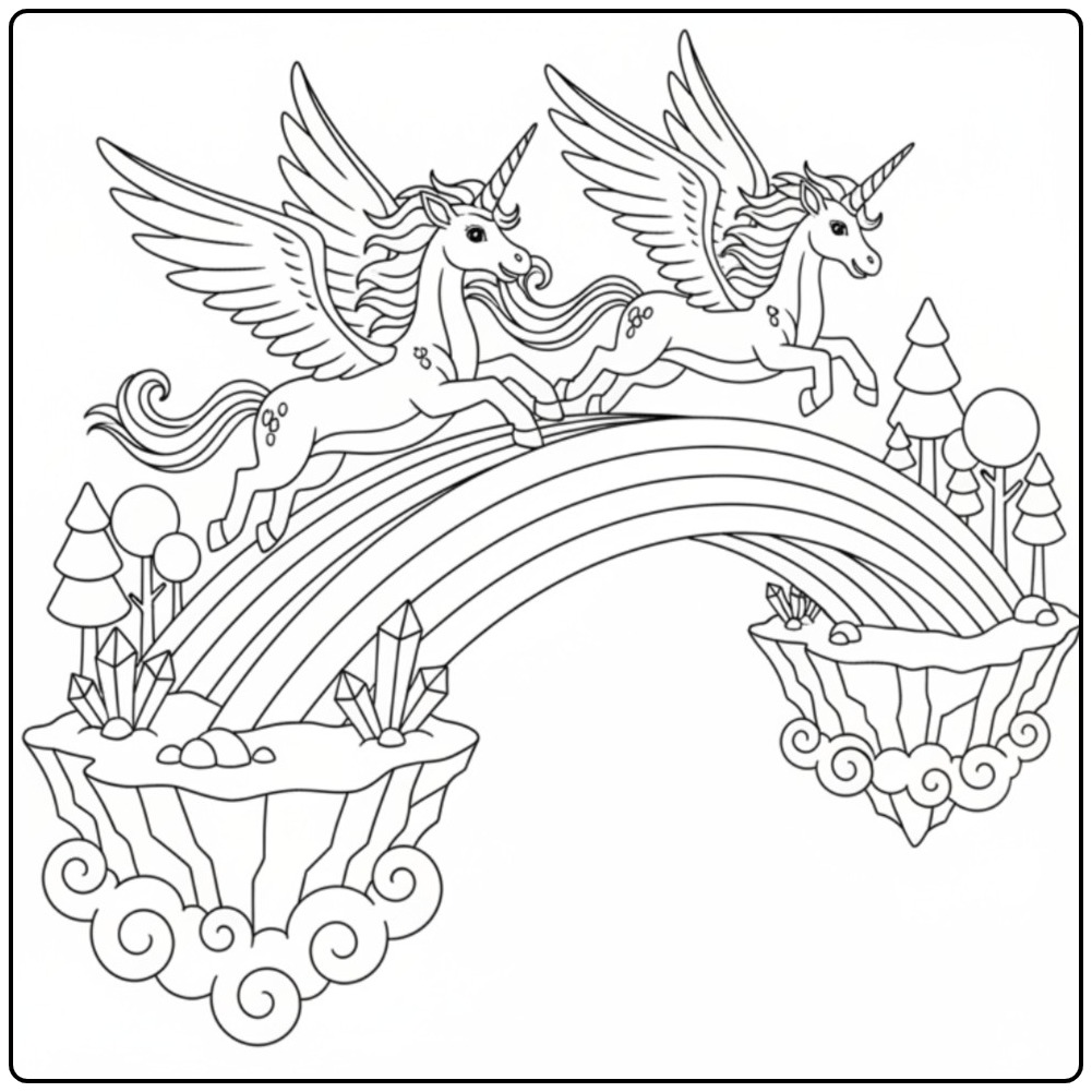 Un joli coloriage dragon licorne avec deux pégases sur un arc-en-ciel.