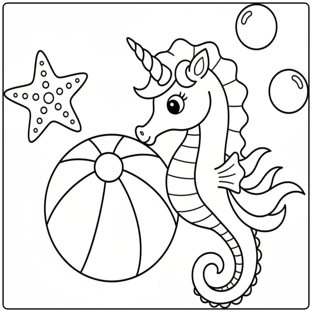 Joli coloriage hippocampe licorne jouant avec un ballon de plage.