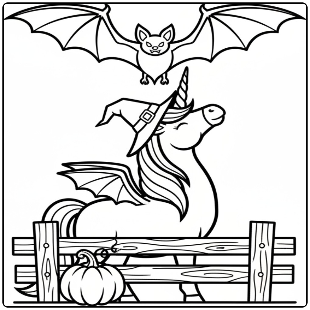 Dessin coloriage licorne halloween sorcière et chauve-souris.