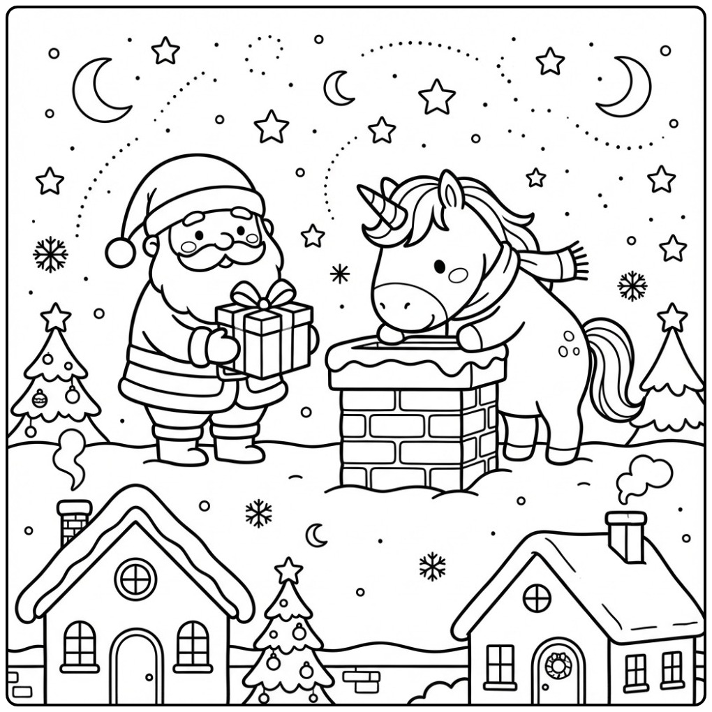 Page de coloriage Licorne de Noël et Père Noël sur un toit enneigé.