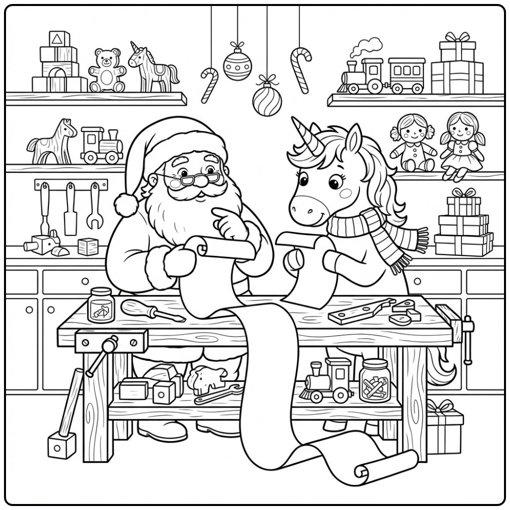 Jolie Page de coloriage Licorne de Noël et Père Noël à l'atelier.