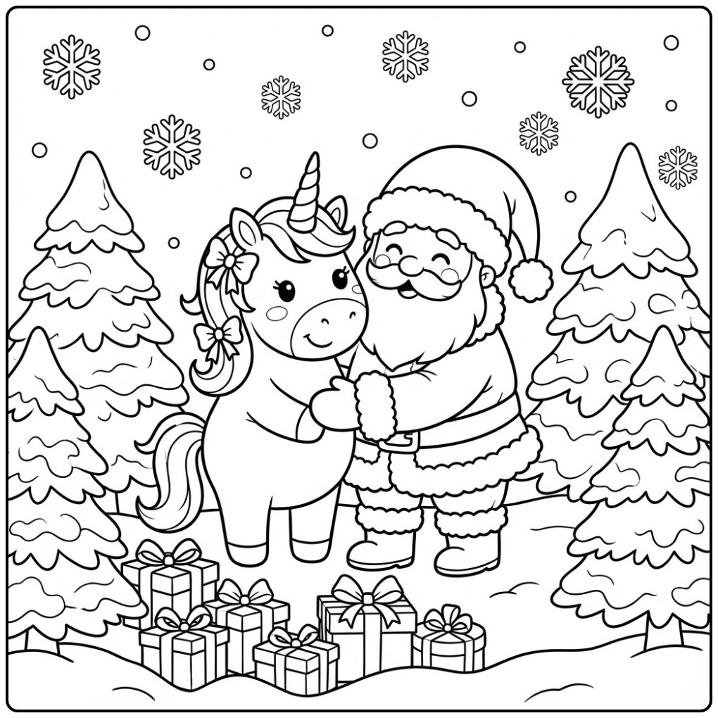 Une câline Page de coloriage Licorne de Noël et Père Noël en hiver.