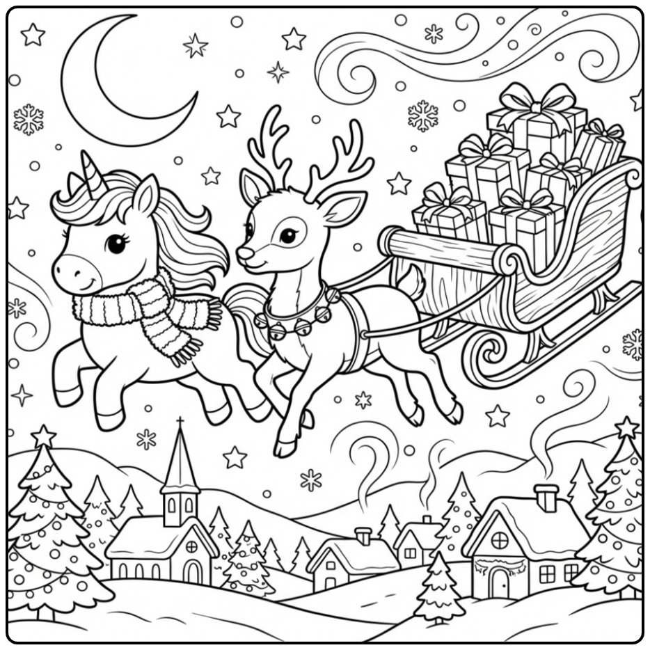 Adorable Page de coloriage Licorne de Noël et Renne volant.