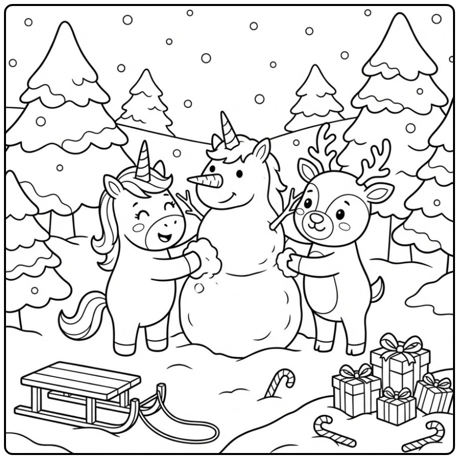 Page de coloriage Licorne de Noël et Renne et bonhomme de neige