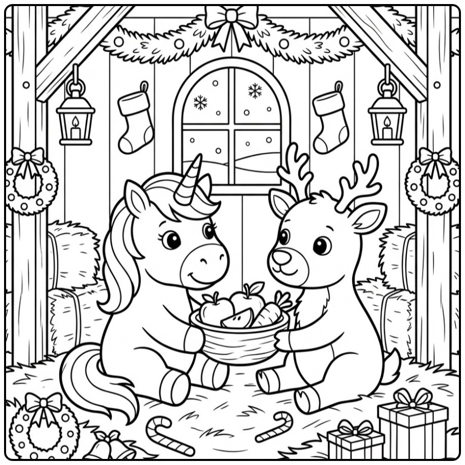Jolie Page de coloriage Licorne de Noël et Renne dans une étable.