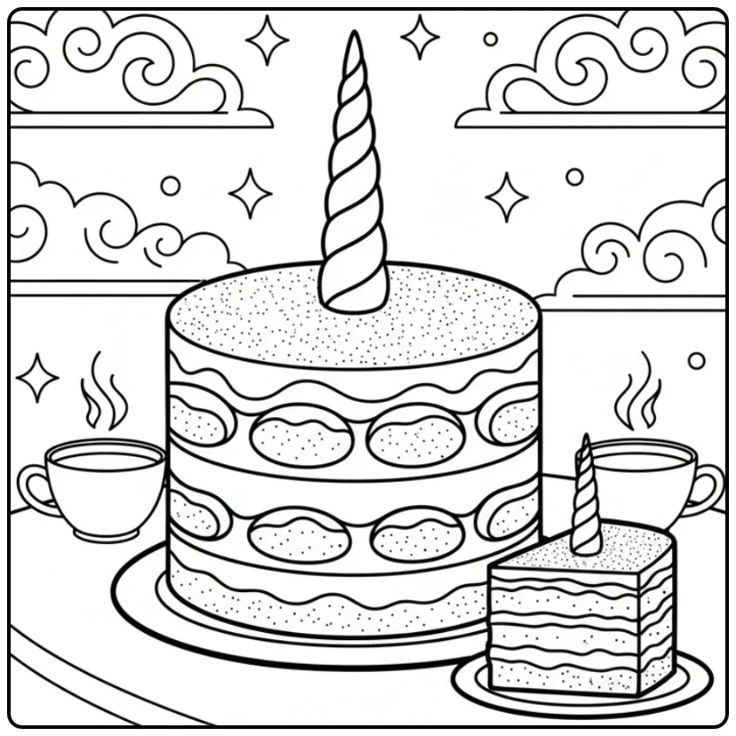 Un grand gâteau tiramisu pour un coloriage gateau licorne magique.