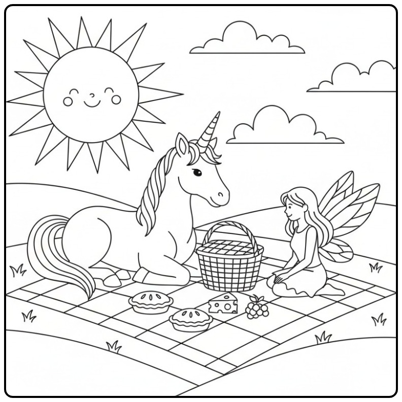 Un joli coloriage fée licorne faisant un pique-nique ensoleillé.