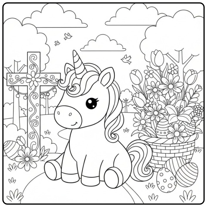 Coloriage licorne de Pâques với croix et fleurs, œufs et printemps.