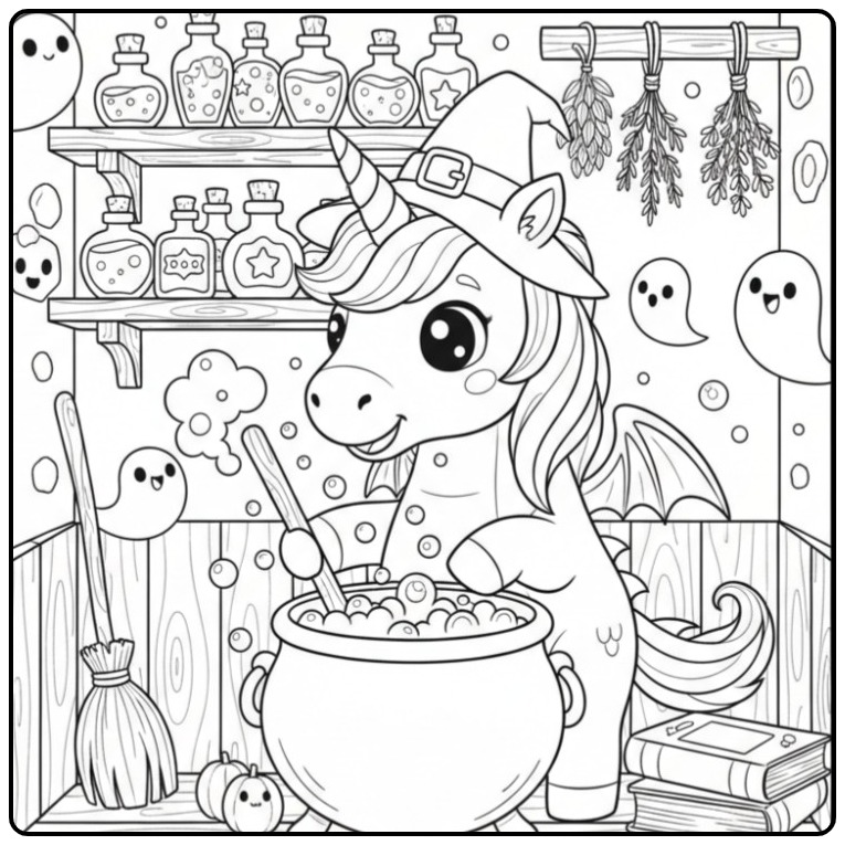Joli Coloriage Halloween dragon licorne préparant une potion.