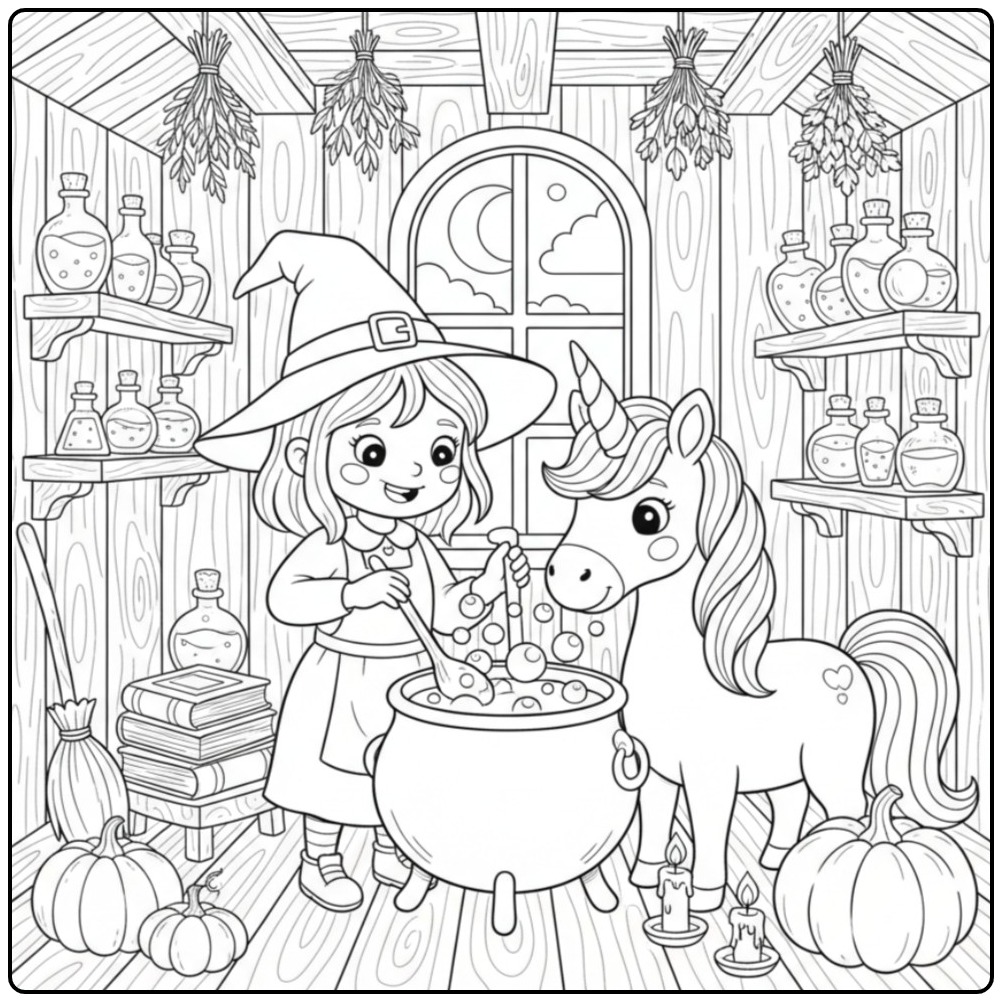 Une petite sorcière et son ami magique à dessiner. Coloriage licorne Halloween et sorcière.