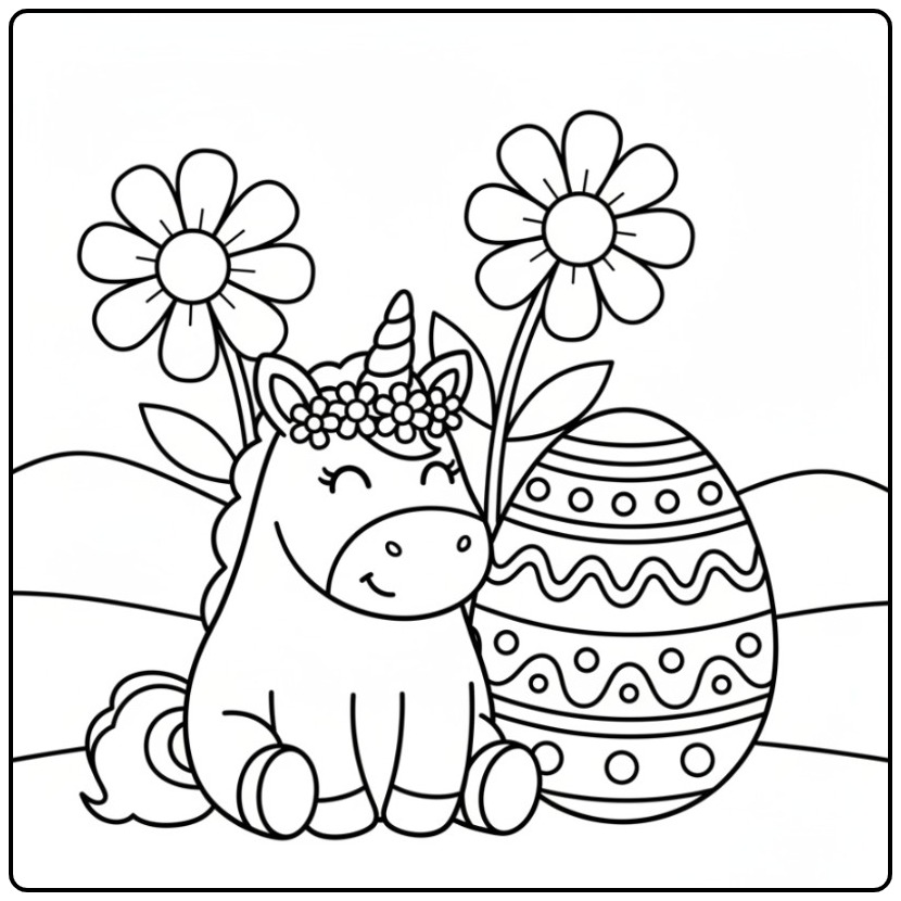 Coloriage licorne paques avec oeuf de Pâques et fleurs joyeuses.