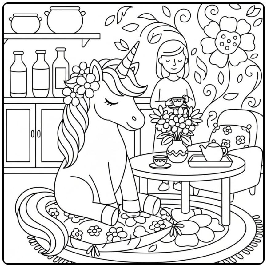 Joli coloriage licorne fleur prenant le thé avec une amie.