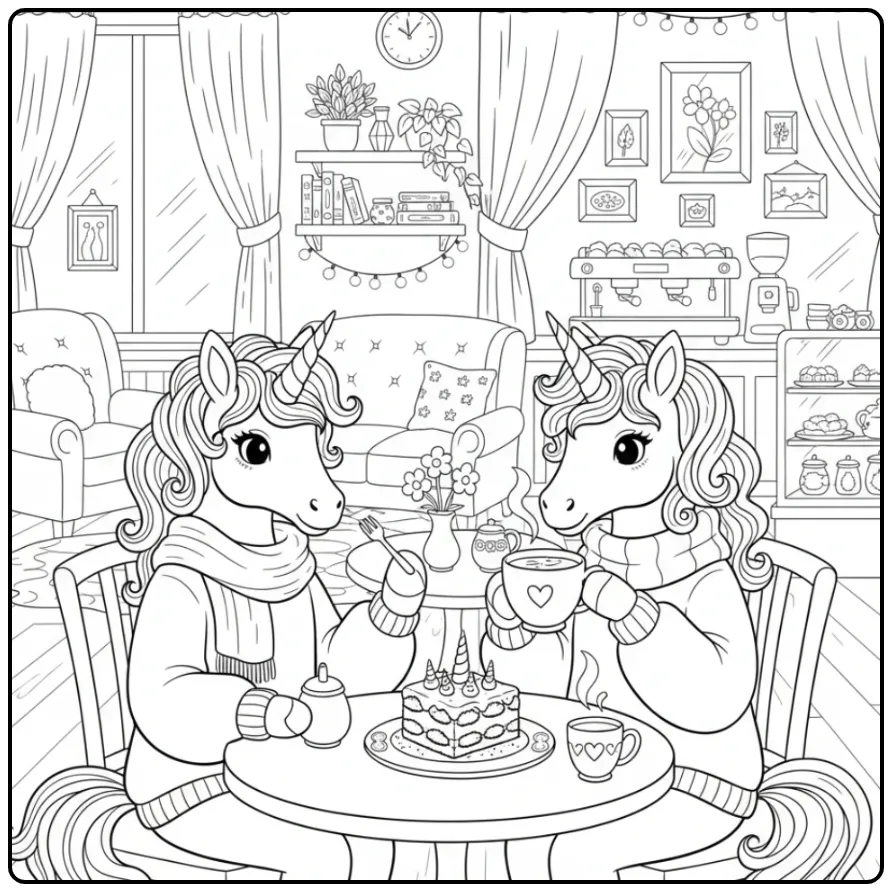 Deux amis dans un café, un joli coloriage gateau licorne.