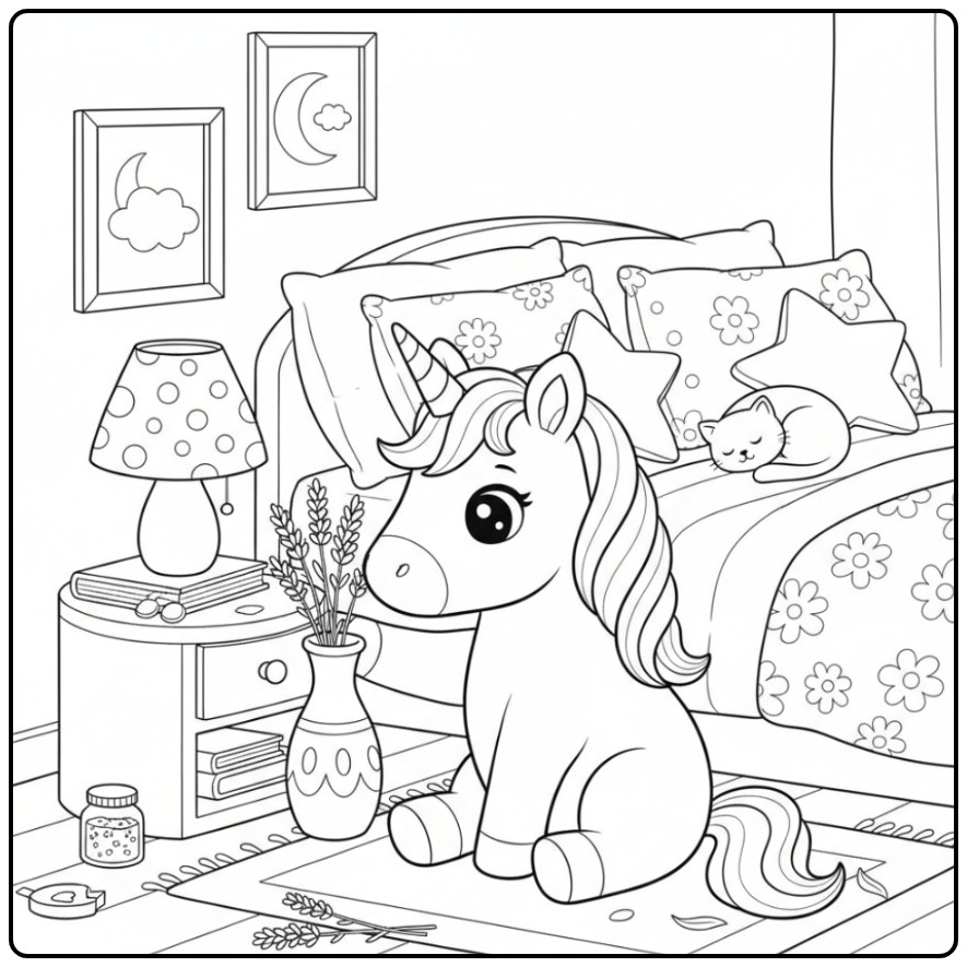 Joli Coloriage licorne et lavande dans une chambre douillette.
