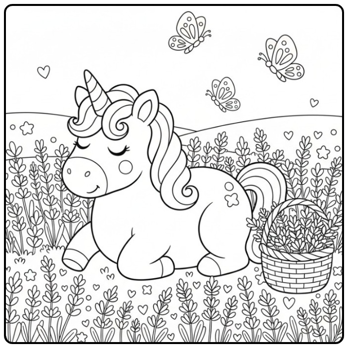 Joli Coloriage licorne et lavande endormie dans un pré fleuri.
