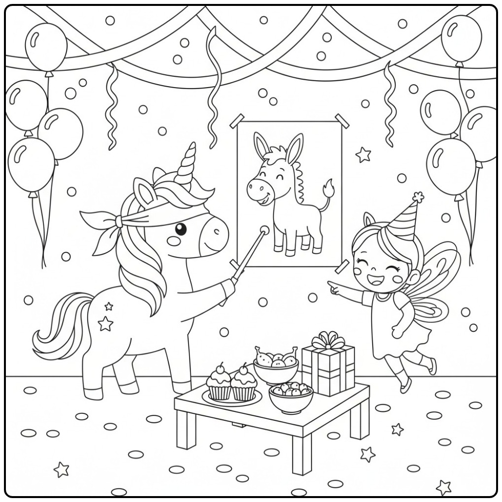 Jeu de l'âne pour un Coloriage Fête d'Anniversaire Licorne.