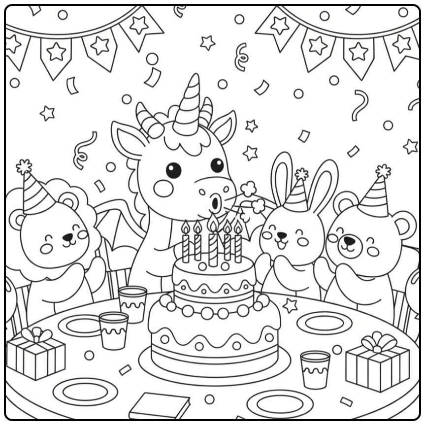 Un joyeux Coloriage anniversaire dragon licorne avec ses amis.