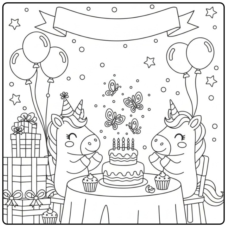 Un joli Coloriage d’anniversaire licorne papillon à imprimer.