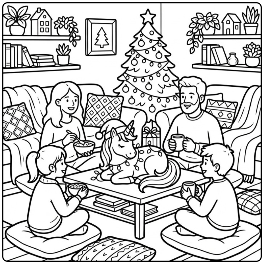 Une famille partage un moment festif pour ce coloriage licorne noel.