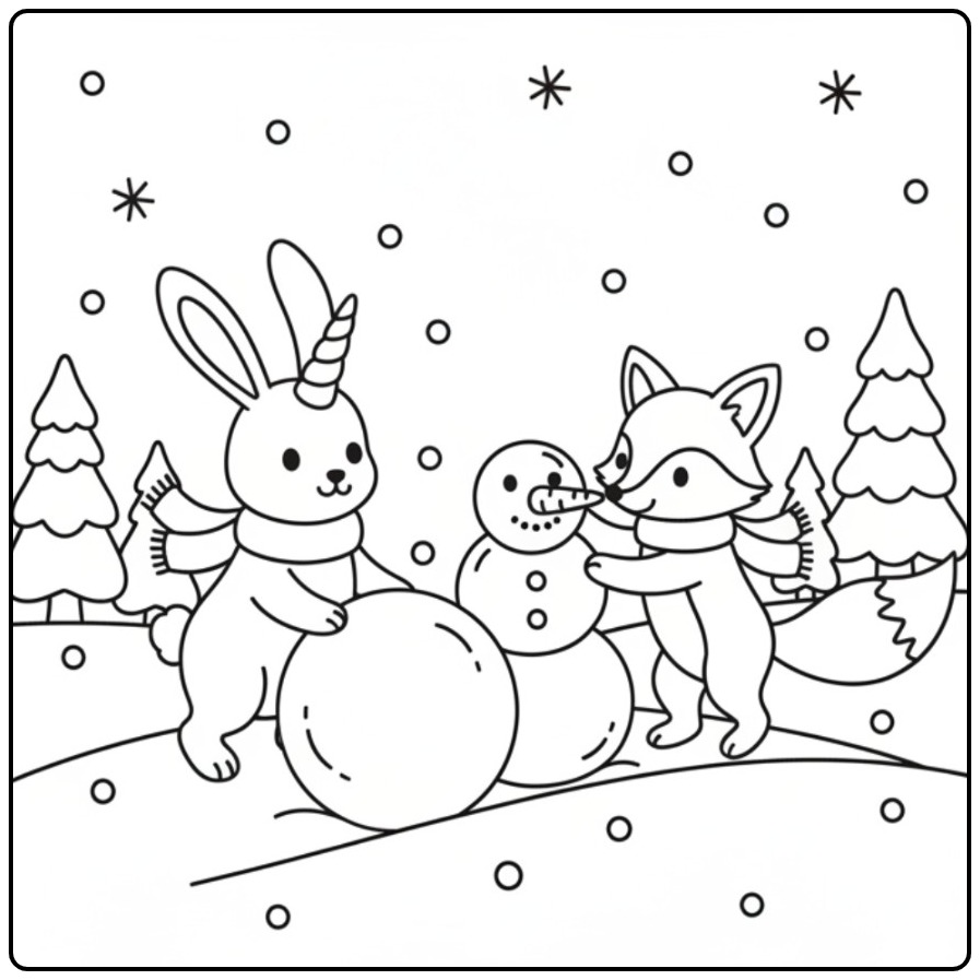 Un adorable coloriage lapin licorne qui construit un bonhomme de neige.