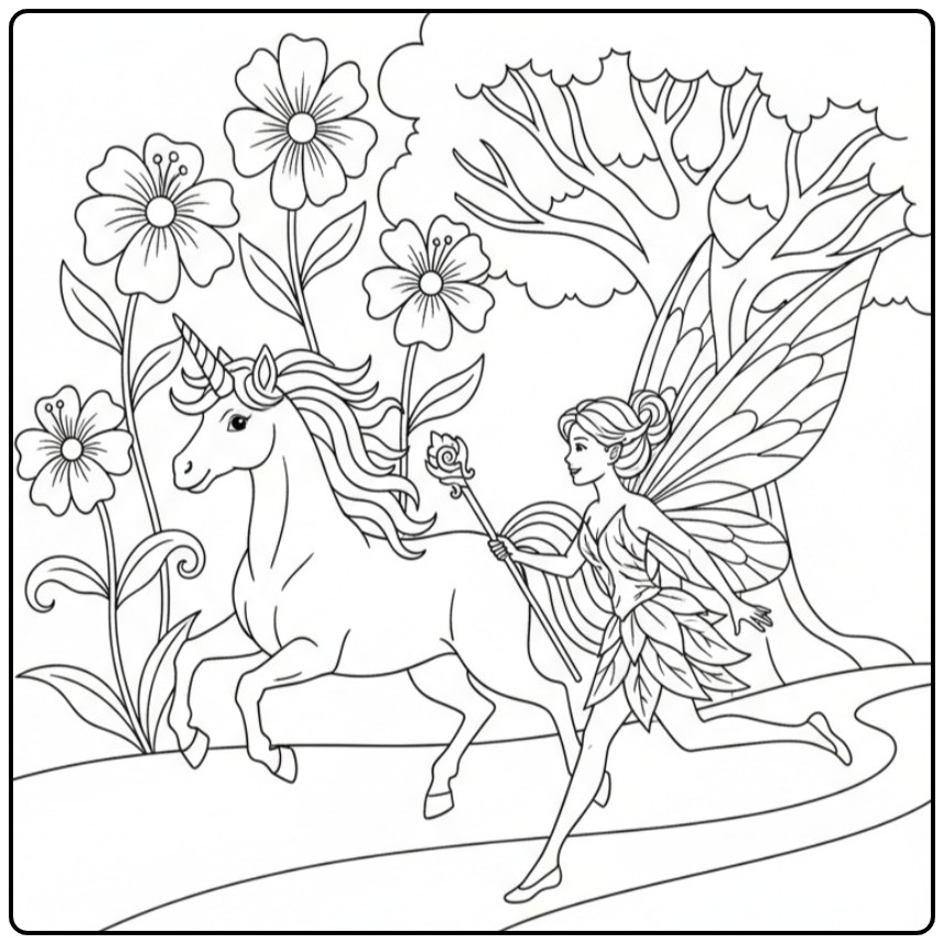 Un joli coloriage fée licorne courant dans une forêt magique.