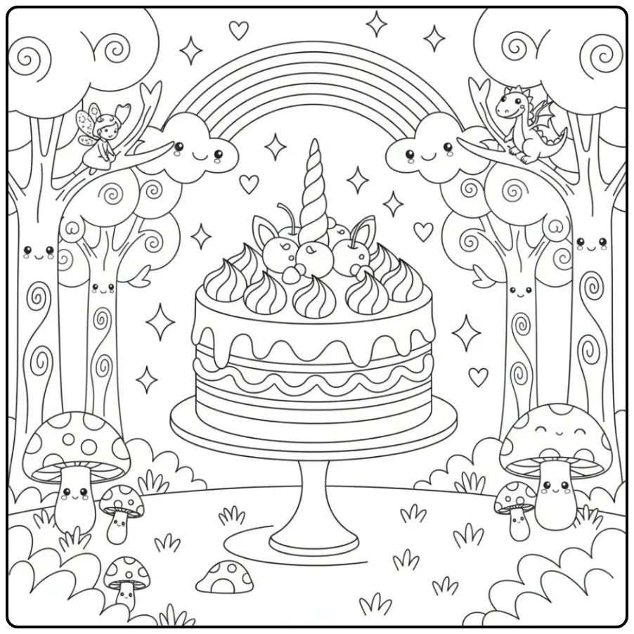 Joli Coloriage gateau licorne et arc-en-ciel dans une forêt.