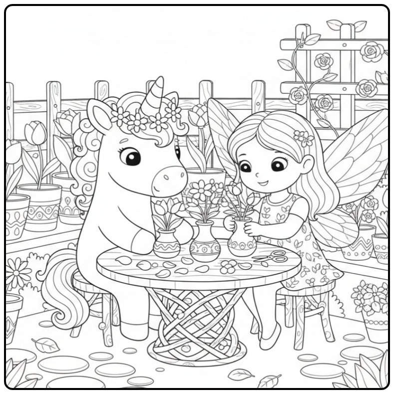 Une fée et son ami dans un Coloriage Licorne et Jardin Fleuri.