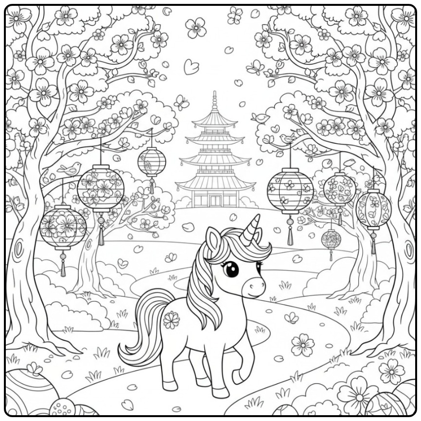 Coloriage licorne et fleurs de cerisier dans un jardin japonais.