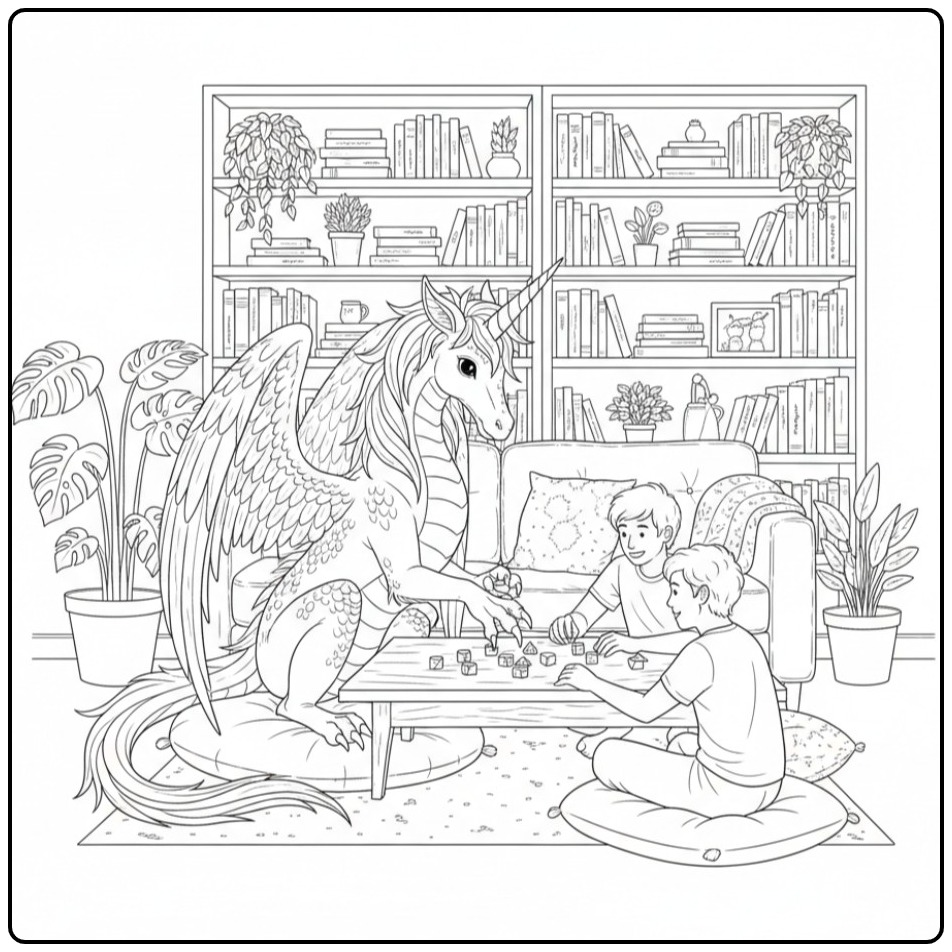Un amical coloriage dragon licorne jouant avec deux enfants.