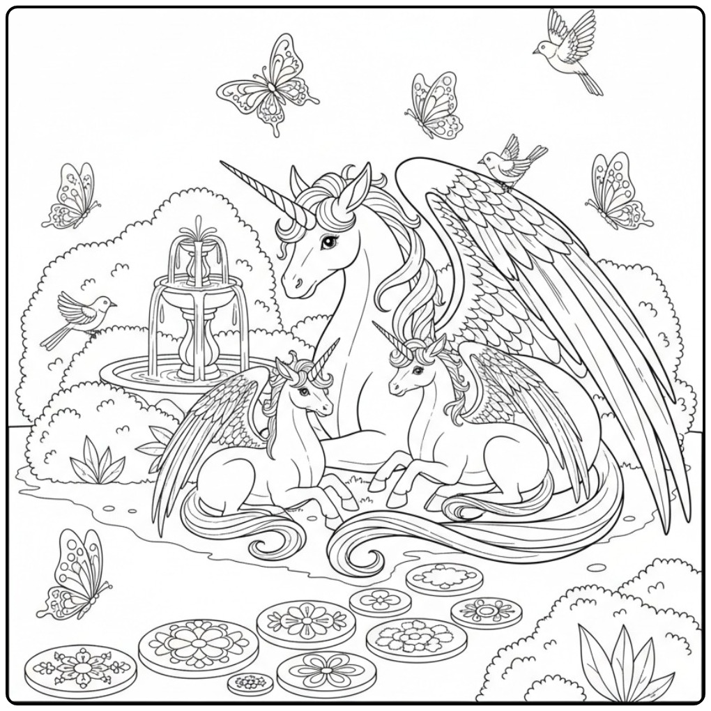 Dessin à imprimer de coloriage dragon licorne et sa famille.