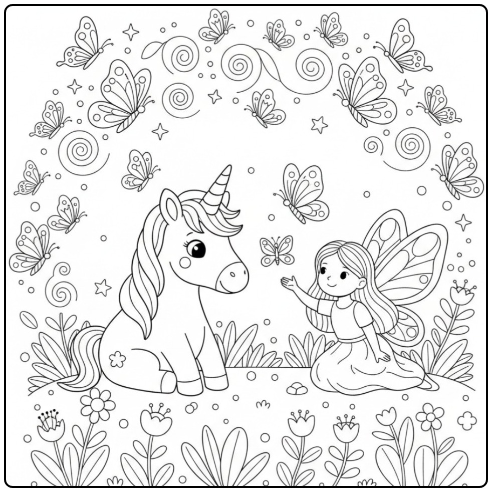Jolie fée avec son ami pour un Coloriage Licorne et Papillons.