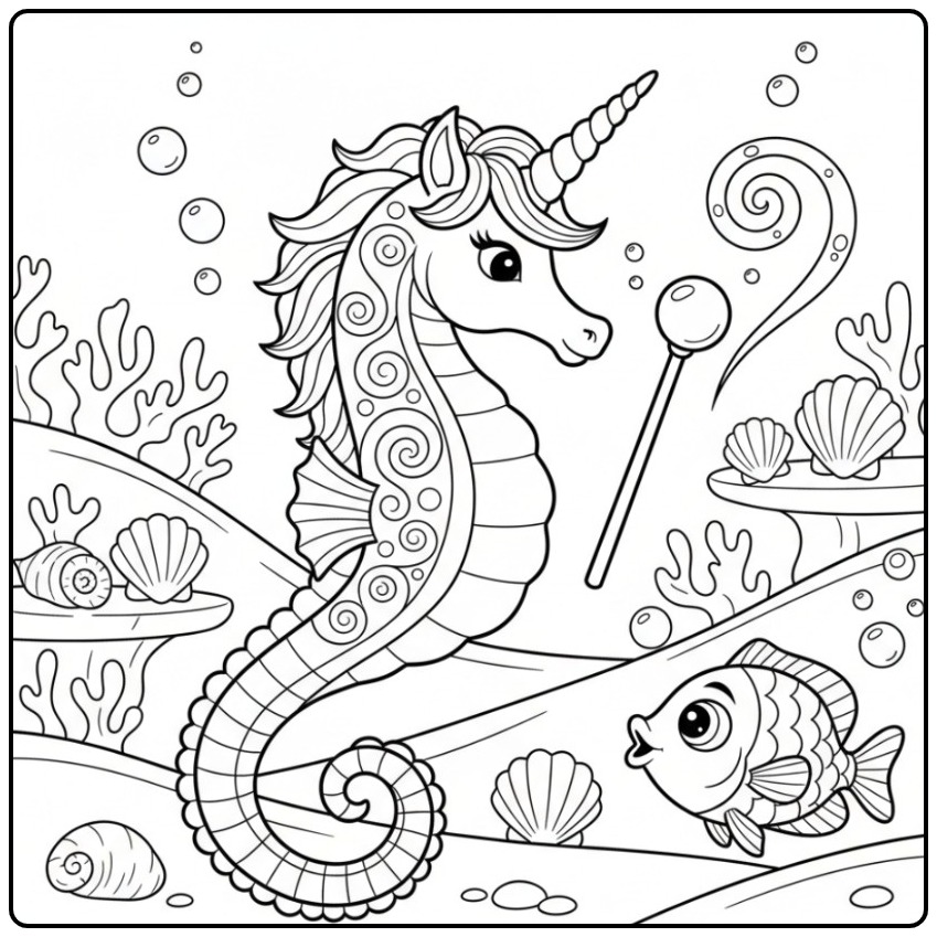 Un magique coloriage hippocampe licorne avec un petit poisson.