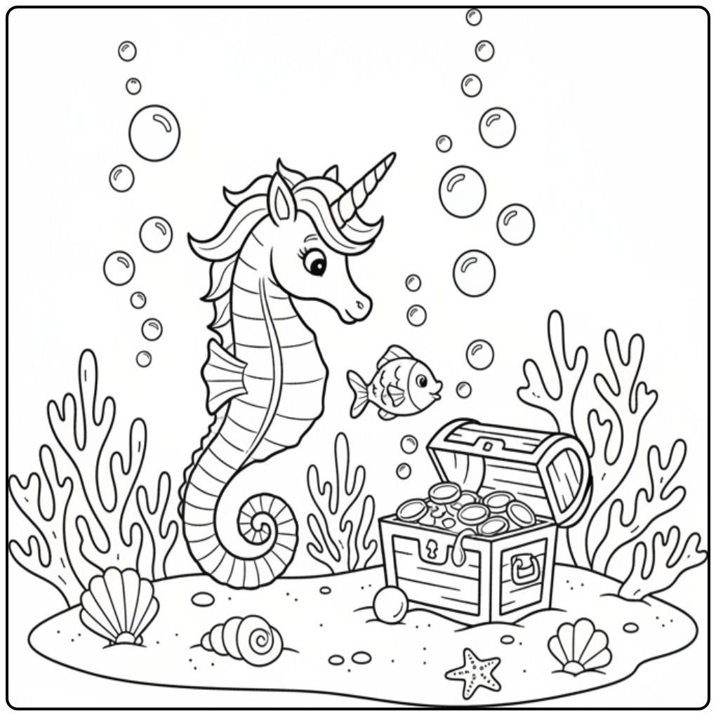 Joli coloriage hippocampe licorne avec un poisson et un trésor.