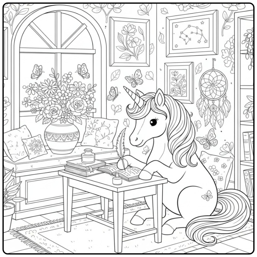 Joli coloriage licorne papillon avec une créature qui écrit.
