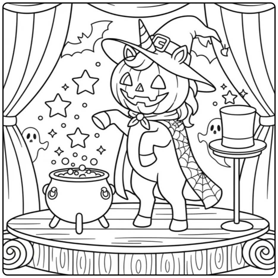 Une créature magique sur scène, un coloriage licorne halloween.