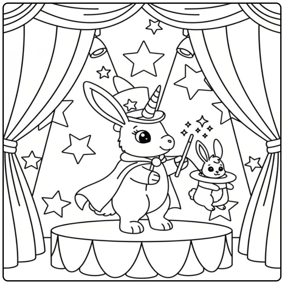 Un adorable coloriage lapin licorne faisant un tour de magie.