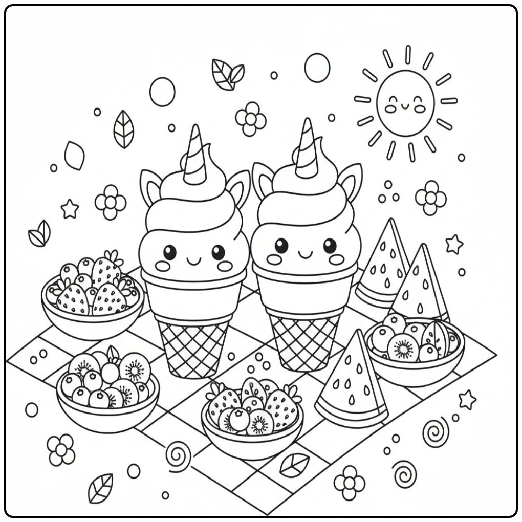Joli Coloriage glace licorne avec topping fruits et soleil.