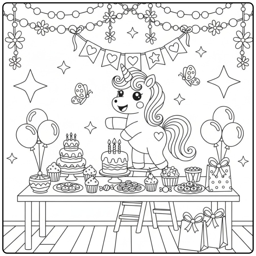 Un joli Coloriage d’anniversaire licorne papillon à une fête.