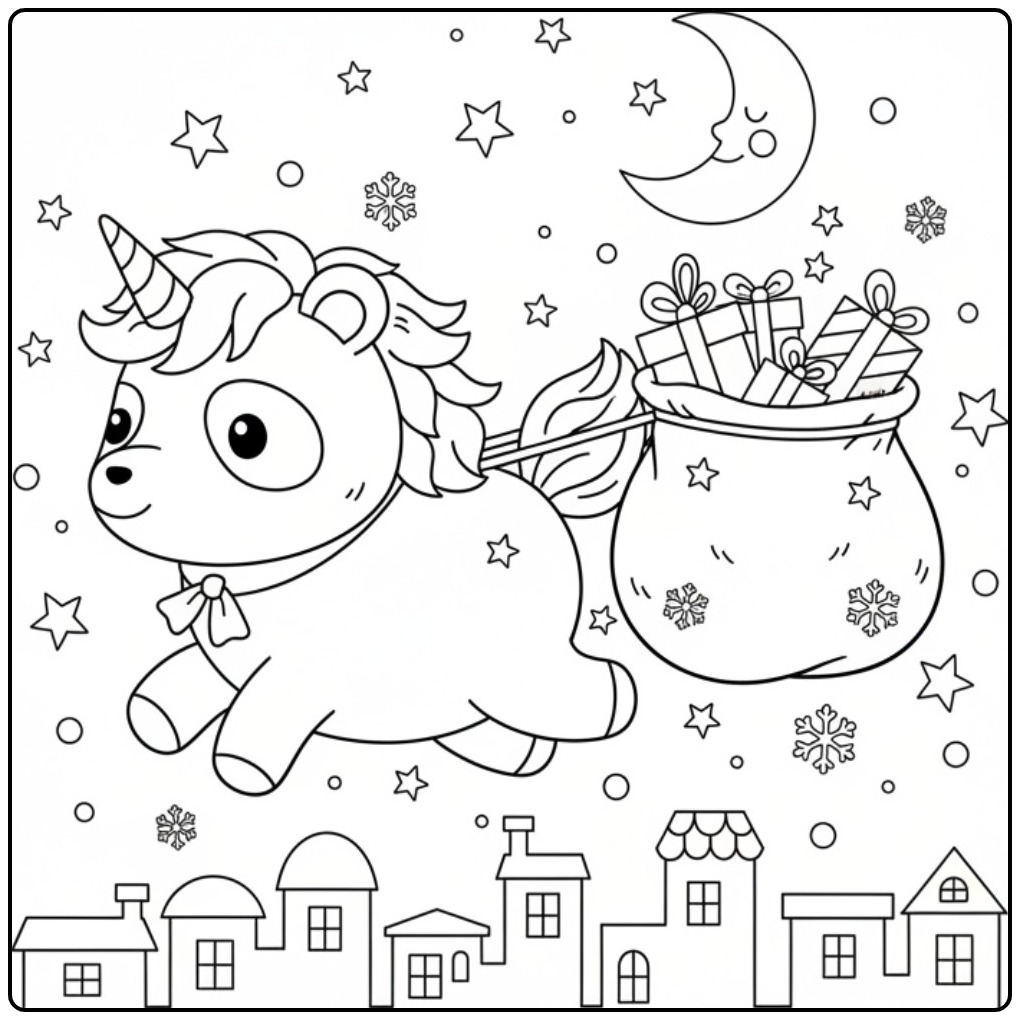 Joli Coloriage de Noël panda licorne volant avec des cadeaux.