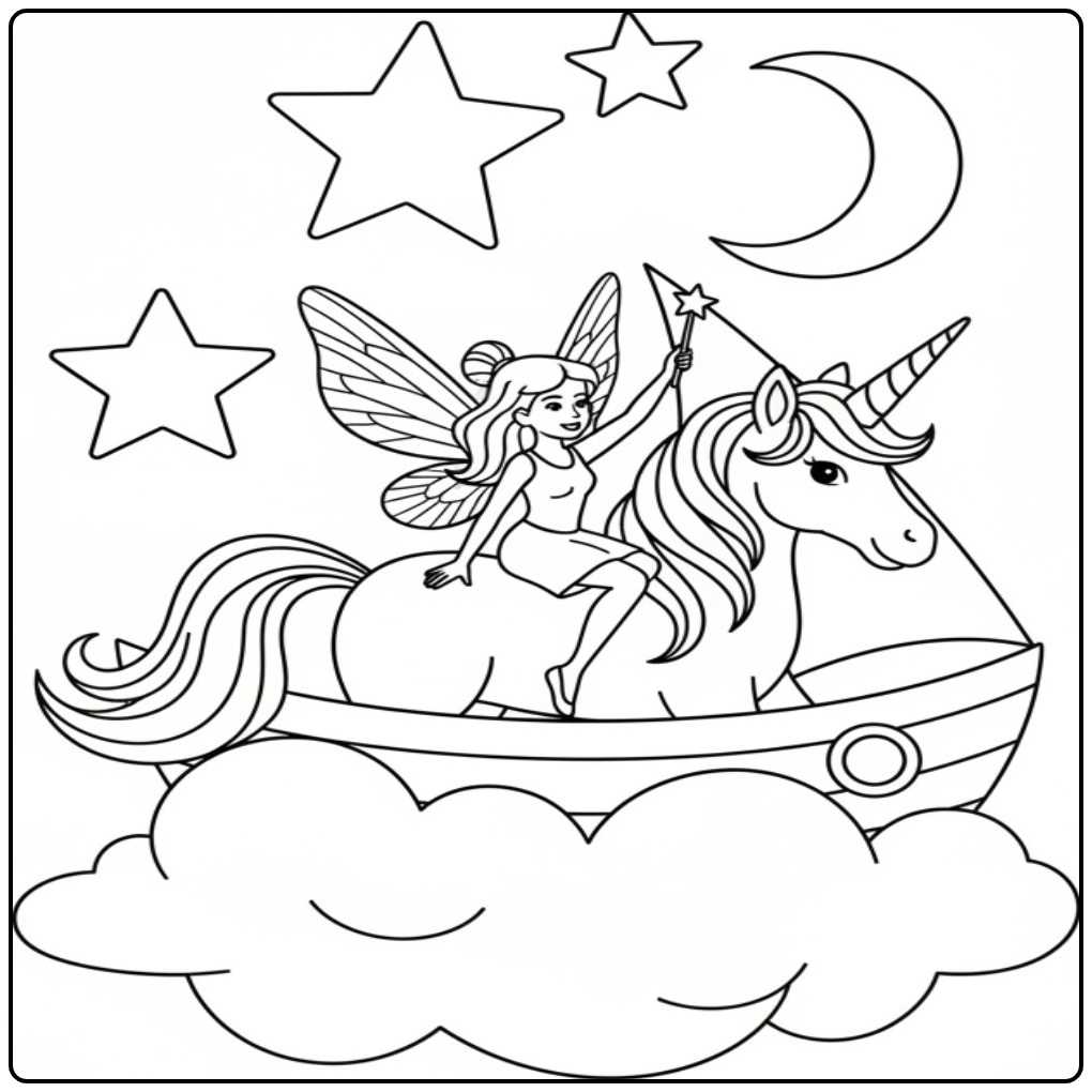 Joli dessin de coloriage fée licorne dans un bateau nuage.
