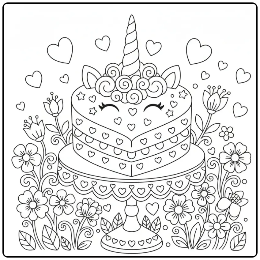 Joli Coloriage gateau licorne avec des cœurs dans un jardin.