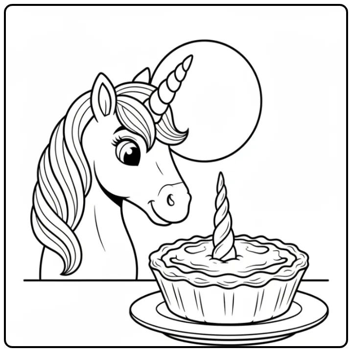 Une licorne ludique devant un grand gâteau, un coloriage gateau licorne.