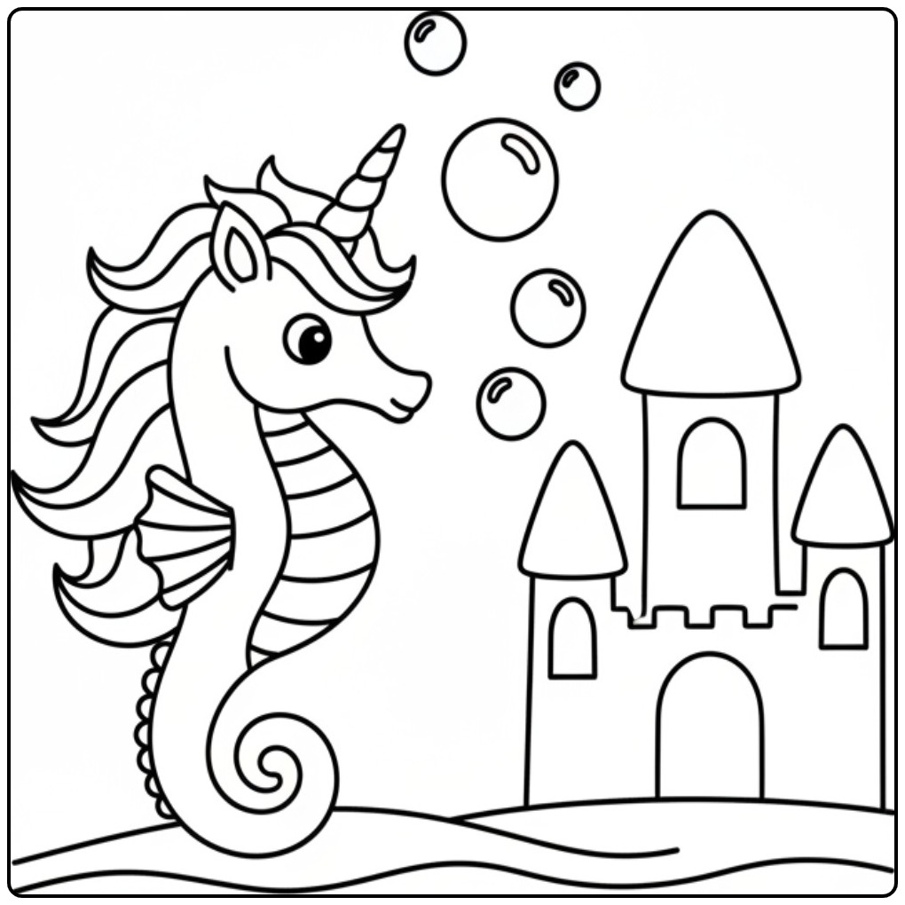 Un joli dessin de coloriage hippocampe licorne près d'un château.