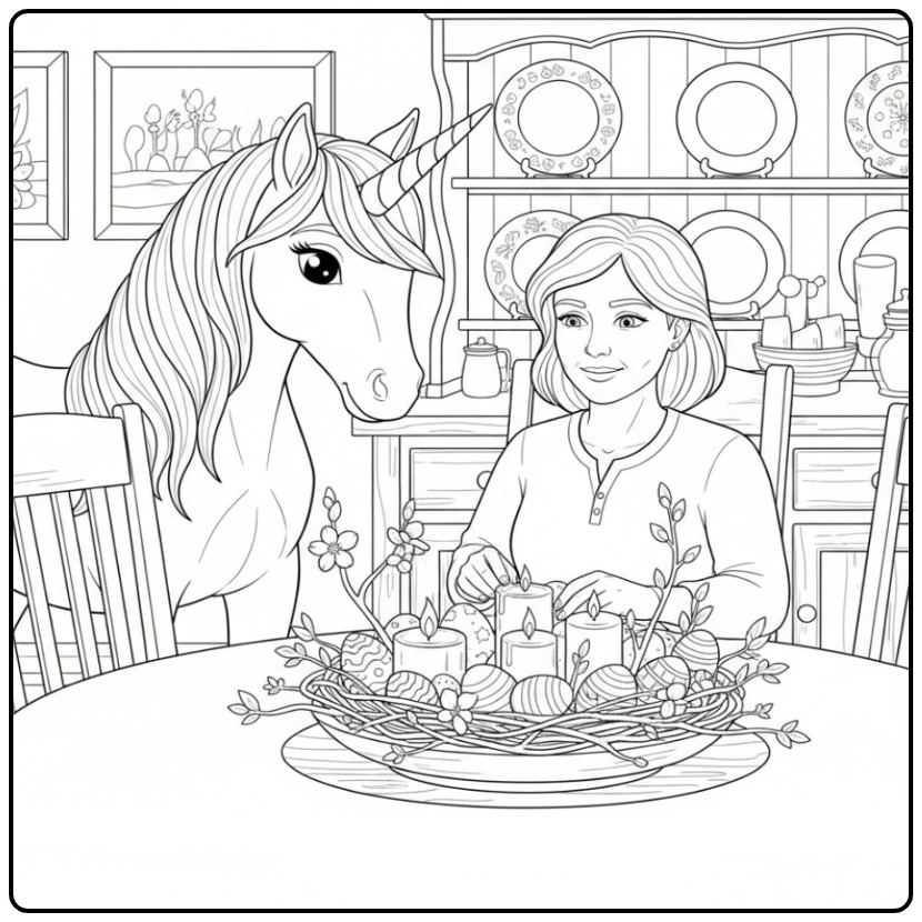 Joli coloriage licorne paques, avec une femme décorant la table.